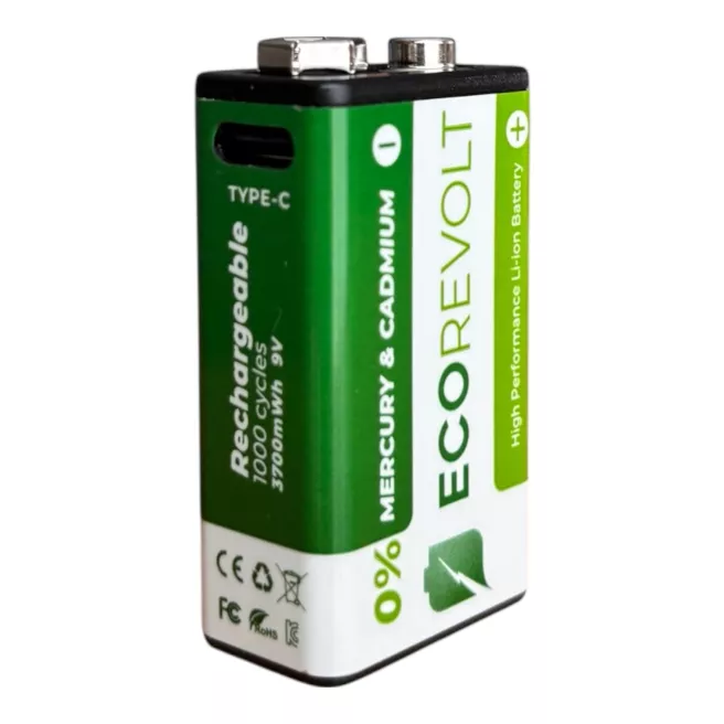 Pile 9V rechargeable USB-C EcoREVOLT  650 mAh  1000 cycles écologique et durable